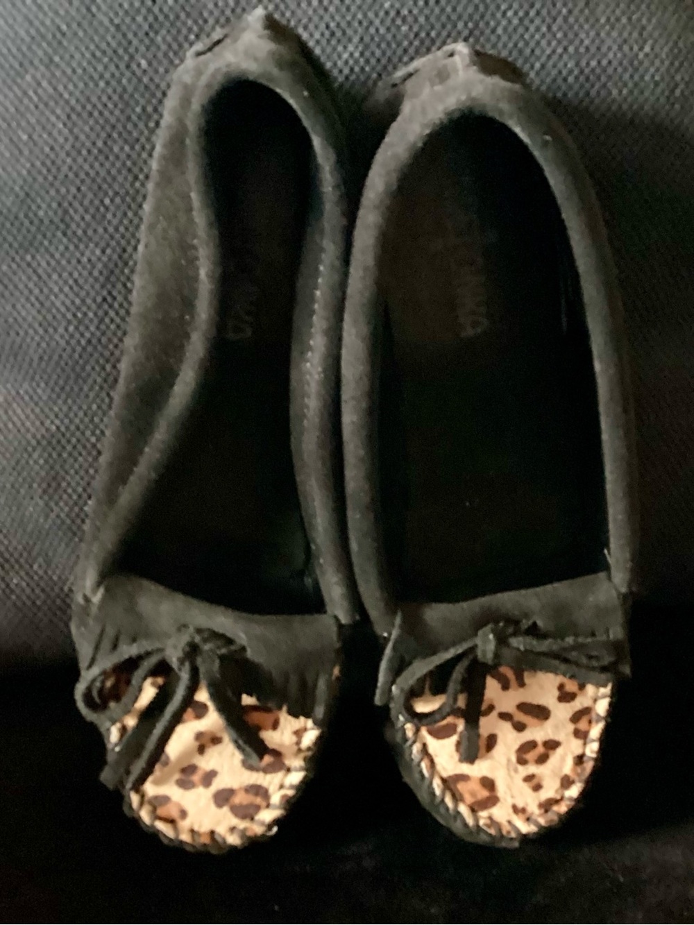 Minnetonka Black Moccasins with Leopard-Print Toe